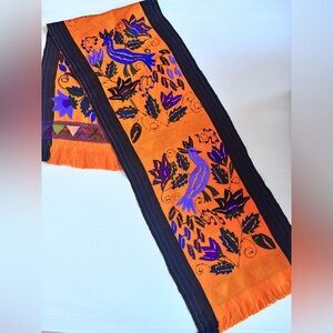 Vintage Embroidered Table Runner Orange Blue Bird Floral 70x16